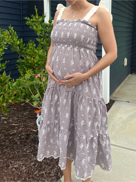Dresses & Skirts - Smocked Gingham Maxi Dress with Tie Straps - White and Brown